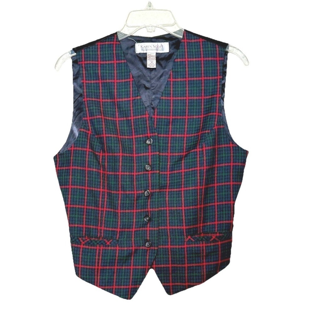 Karen Scott Plaid Vest Womens Medium Red Green Blue Tartan Holiday Button Front